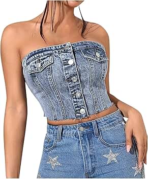 Women's Strapless Denim Corset Top Button Front Summer Casual Tube